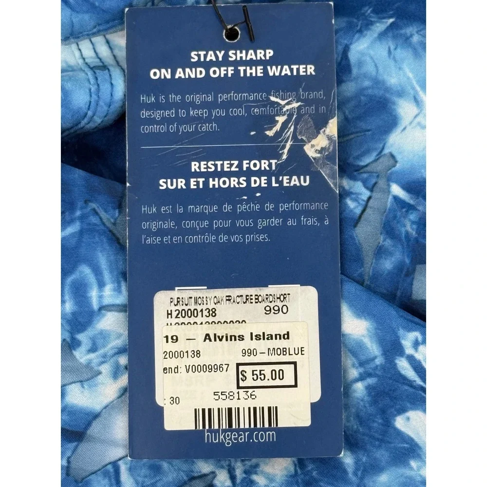 Huk Pursuit Mossy‎ Oak Fracture Boardshorts Mens Blue Fishing Shorts Sz 30